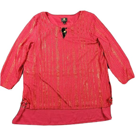 JM Collection Tops - JM‎ Collection Red Top Blouse Large Shimmer Metallic O-Ring Neckline 3/4 Sleeve